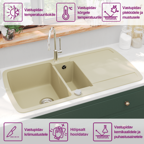 Kahepoolne kvarts-komposiit köögivalamu, pealepaigaldatav, beež, 960 x 500 mm – 9