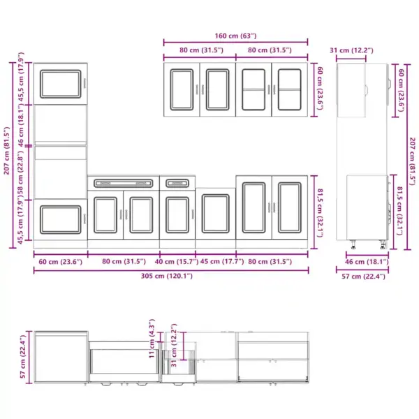 7-osaline köögikapikomplekt Kalmar, betoonhall, tehispuit ja klaas – 8