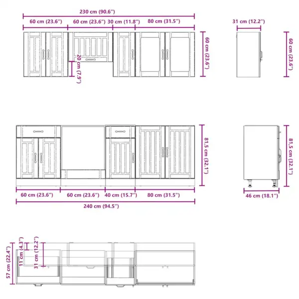 8-osaline köögikappide komplekt Kalmar, vana puit, tehispuit ja klaas, alumiste ja seinakappidega, ahjukapp ja klaasustega seinakapp – 7
