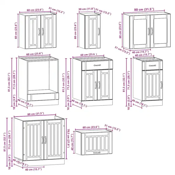 8-osaline köögikappide komplekt Kalmar, vana puit, tehispuit ja klaas, alumiste ja seinakappidega, ahjukapp ja klaasustega seinakapp – 8