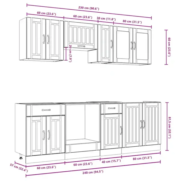 8-osaline köögikappide komplekt Kalmar, vana puit, tehispuit ja klaas, alumiste ja seinakappidega, ahjukapp ja klaasustega seinakapp – 9