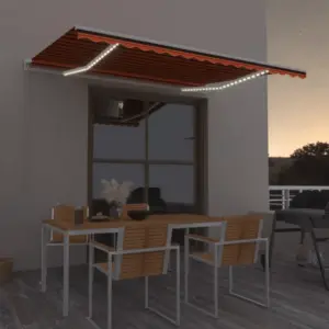 Käsitsi sissetõmmatav terrassivarikatus LED-valgustusega, 450 x 350 cm, oranž/pruun, valge alumiiniumraam