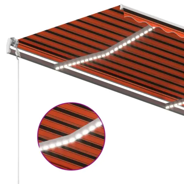 Käsitsi sissetõmmatav terrassivarikatus LED-valgustusega, 450 x 350 cm, oranž/pruun, valge alumiiniumraam - 5