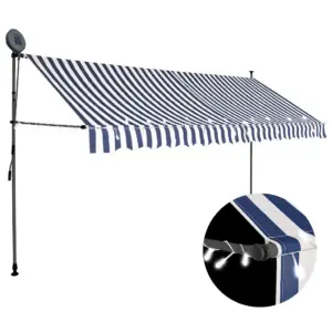 Käsitsi sissetõmmatav terrassivarikatus LED-valgustusega, sinivalge, 400 cm
