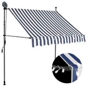 Käsitsi sissetõmmatav varikatus LED-valgustusega, 200 cm, sinine-valge