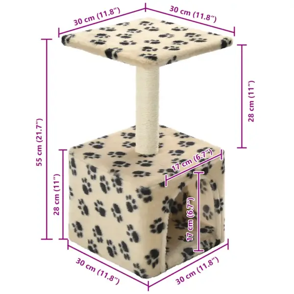 Beež kassimaja kraapimispostiga ja platvormiga, käpajälgedega, 55 cm – 7