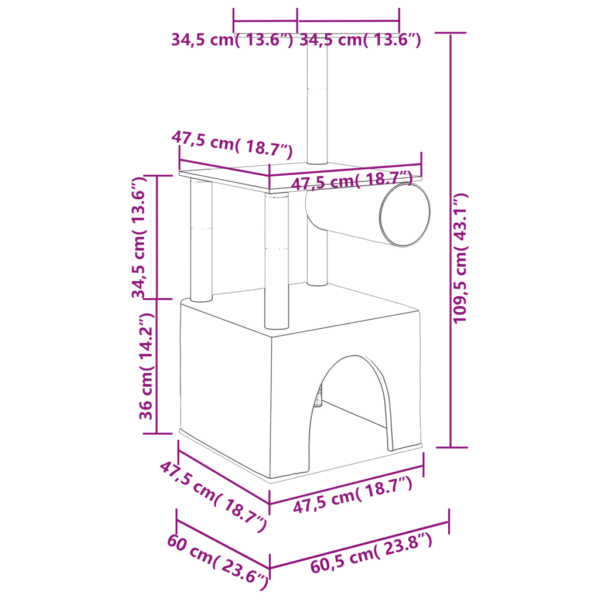 Mitmetasandiline kassimaja sisalpostidega, kreemjasvalge, 109,5 cm – 6