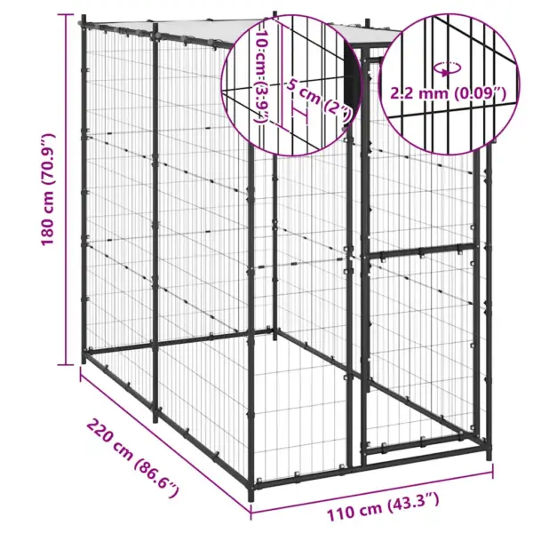 Katusega koeraaed pulbervärvitud terasest, must ja hõbedane, 110 x 220 x 180 cm – 6