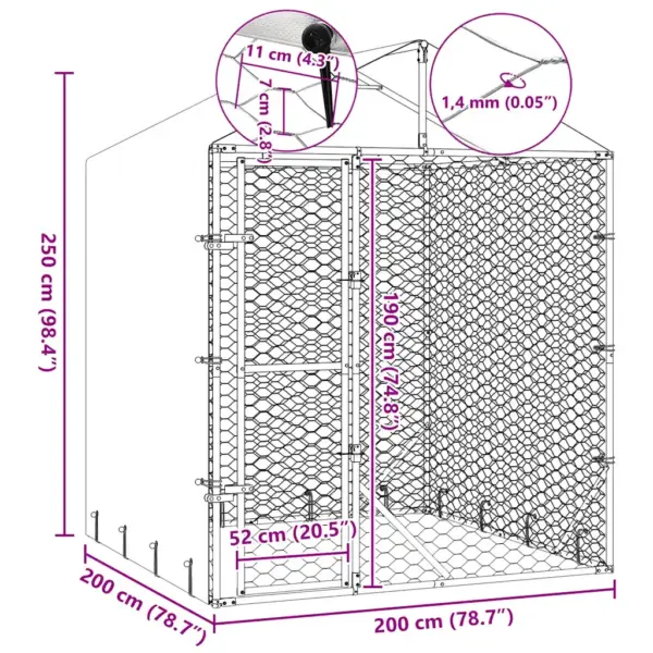 Katusega koeraaedik külgseintega, hõbedane tsingitud teras, 2 x 2 x 2,5 m – 8