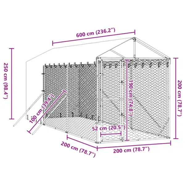 Katusega koeraaedik, hõbedane tsingitud teras, 2 x 6 x 2,5 m – 9