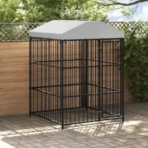 Katusega õuekoeraaedik, must tsingitud teras, 150 x 150 x 210 cm