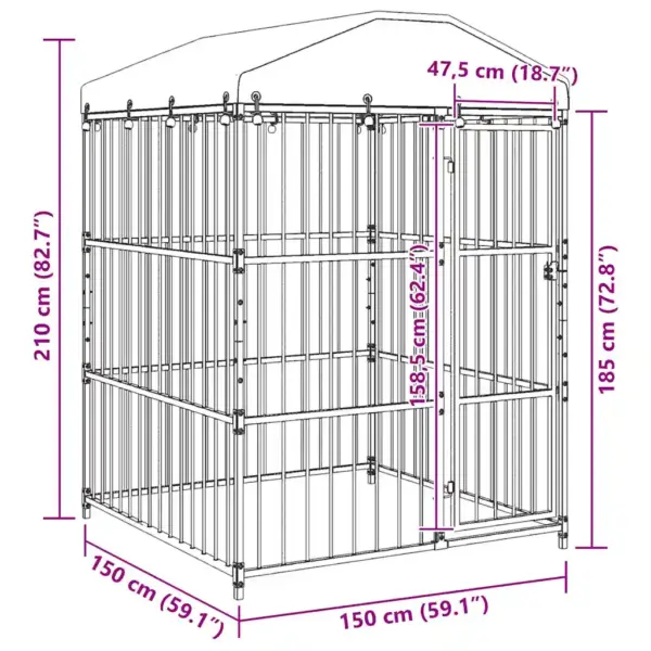 Katusega õuekoeraaedik, must tsingitud teras, 150 x 150 x 210 cm – 9