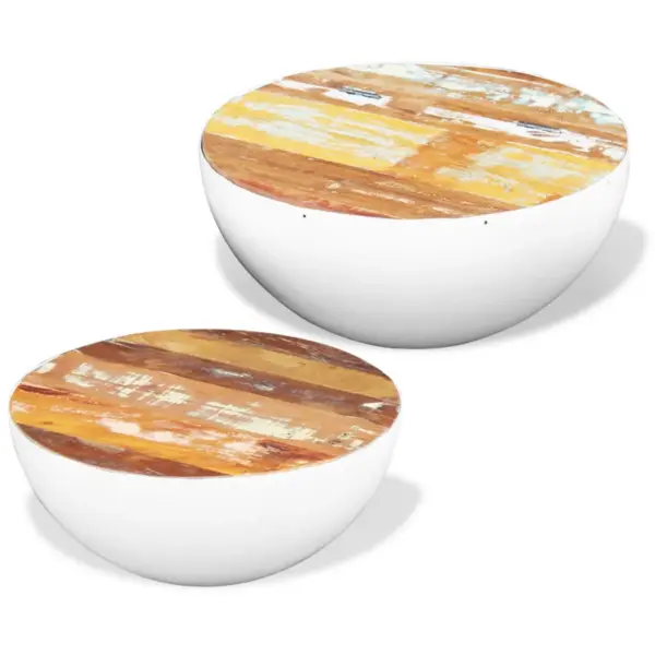 Kausikujuliste kohvilaudade komplekt, 2 tk, taastatud puit ja valge terasraam – 3