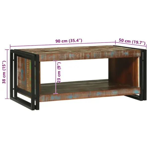 Mitmevärviline kohvilaud metallraamiga, tugevast taaskasutatud puidust, 90 x 50 x 38 cm, 1 riiuliga – 10