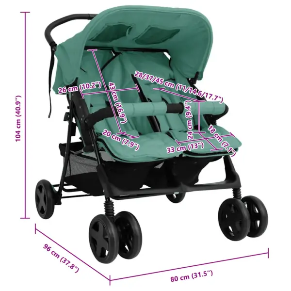 Kokkupandav kaksikute jalutuskäru varikatusega, roheline, terasraamiga – 12