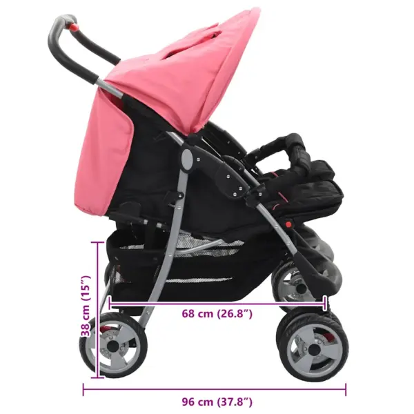 Kokkupandav kaksikute jalutuskäru roosa-must, terasraam, reguleeritav seljatugi, 360 kraadi pöörlevad lukustatavad rattad – 10