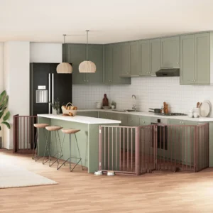 Kokkupandav koeravärav uksega, 10 paneeli, pruun paplipuit, kogupikkus 800 cm