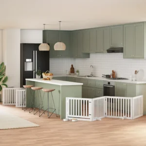 Kokkupandav koeravärav uksega, 10 paneeli, valge paplipuit, paneel 80 x 60 cm, kogupikkus 800 cm