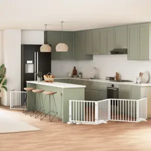 Kokkupandav koeravärav uksega, 10 paneeli, valge paplipuit, kogupikkus 800 cm