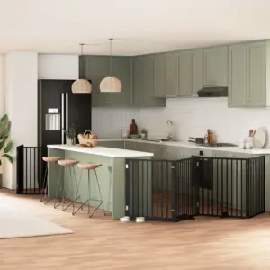 Kokkupandav koeravärav uksega, 12 paneeli, must paplipuit, kogupikkus 960 cm