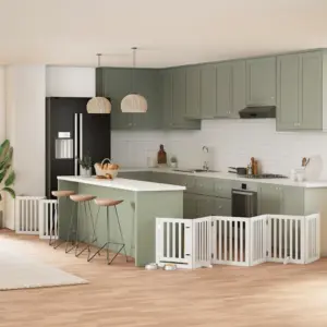 Kokkupandav koeravärav uksega, 12 paneeli, valge paplipuit, kogupikkus 600 cm