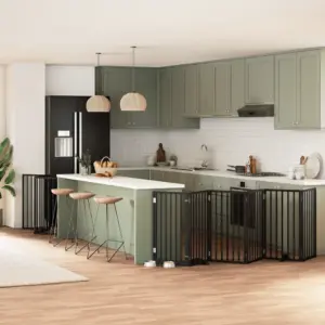 Kokkupandav koeravärav uksega, 15 paneeli, must paplipuit, kogupikkus 750 cm