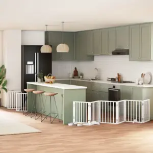 Kokkupandav koeravärav uksega väikesele ja keskmisele koerale, 15 paneeli, valge paplipuit, kogupikkus 750 cm