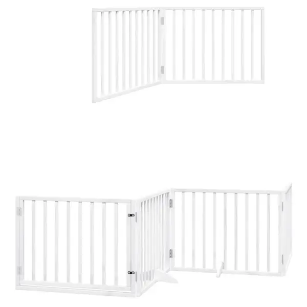 Kokkupandav koeravärav uksega, 6 paneeli, valge paplipuit, 480 cm – 12