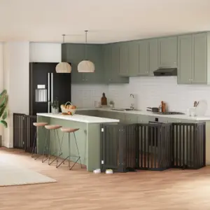 Kokkupandav koeravärav uksega, 9 paneeli, must paplipuit, kogupikkus 450 cm