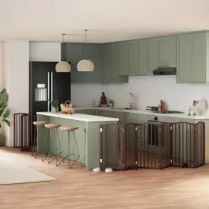 Kokkupandav eraldiseisev koeravärav uksega, 9 paneeli, pruun paplipuit, 450 cm