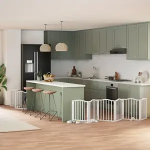 Kokkupandav koeravärav uksega, 9 paneeli, paplipuidust, valge, kogupikkus 450 cm