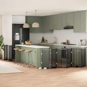 Kokkupandav koeravärav uksega väikesele ja keskmisele koerale, 15 paneeli, must paplipuit, kogupikkus 750 cm