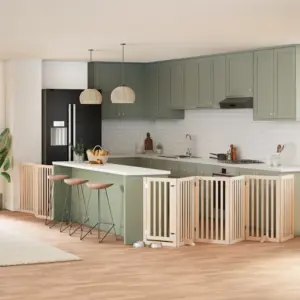 Kokkupandav koeravärav uksega väikestele ja keskmistele koertele, 9 paneeli, paplipuit, kogupikkus 450 cm