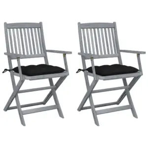 Kokkupandavad hallid akaatsiapuidust aiatoolid patjadega, 2 tk, 54 x 61 x 88 cm