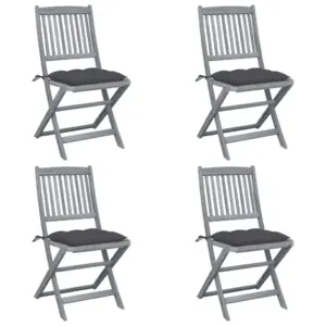 Kokkupandavad hallid akaatsiapuidust aiatoolid istmepatjadega, 4 tk, antratsiithallid padjad