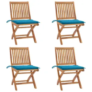 Kokkupandavad tiigipuust aiatoolid siniste patjadega, 4 tk