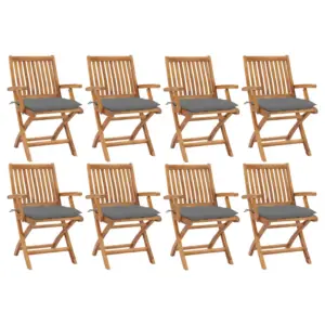 Kokkupandavad tiigipuust aiatoolid hallide patjadega, 8 tk