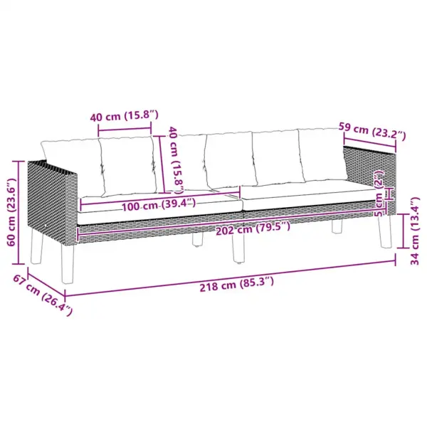 Kolmekohaline aiadiivan patjadega, must polürotang, kreemjasvalged padjad, 218 cm – 9