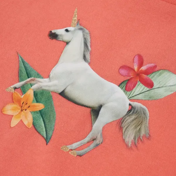 Korallroosa laste T-särk ükssarvitrükiga, lühikeste volangvarrukatega, suurus 140 (9–10 a) – 4