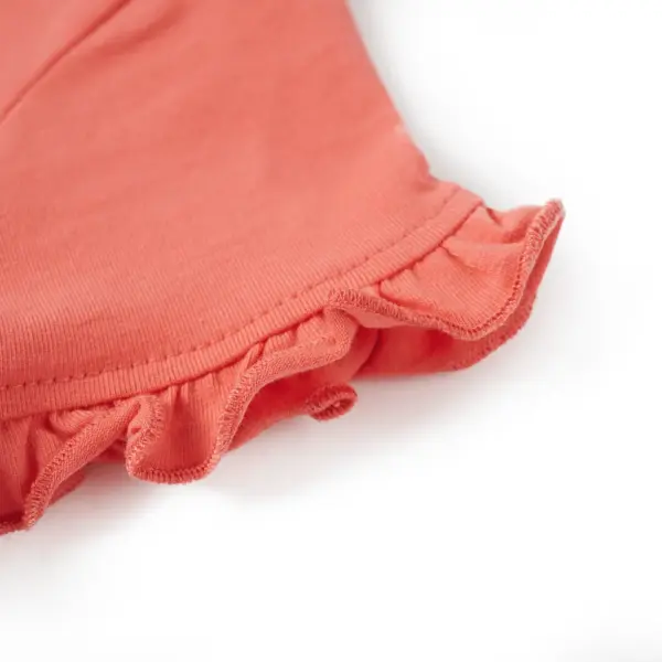 Korallroosa laste T-särk ükssarvitrükiga, lühikeste volangvarrukatega, suurus 140 (9–10 a) – 5