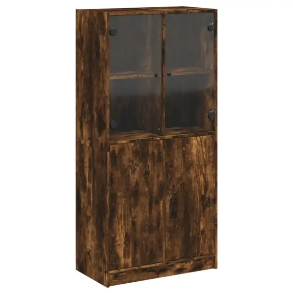 Kõrge hoiukapp klaasuste ja alumise kapiosaga, suitsutatud tamme toon, tehispuit, 68 x 37 x 142 cm - 2
