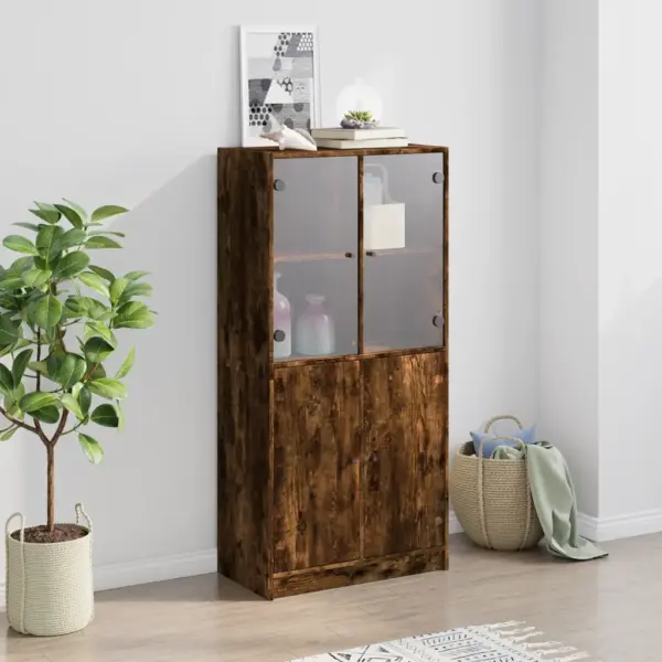 Kõrge hoiukapp klaasuste ja alumise kapiosaga, suitsutatud tamme toon, tehispuit, 68 x 37 x 142 cm - 3