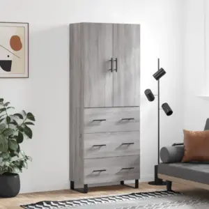 Kõrge kapp ustede ja sahtlitega, hall Sonoma tamm, tehispuit ja metalljalgadel, 69,5 x 34 x 180 cm