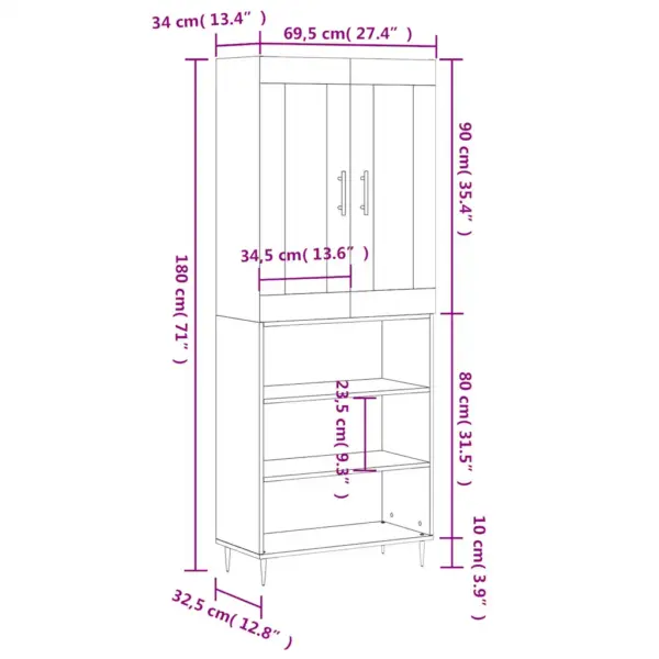 Kõrge kapp klaasuste ja avatud riiulitega, betoonhall, 69,5 x 34 x 180 cm, tehispuit – 13