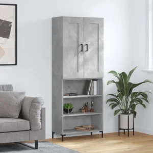 Kõrge kapp raamaturiiuliga, betoonhall tehispuit, metalljalad, 69,5 x 34 x 180 cm