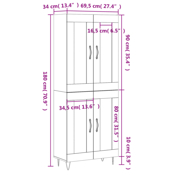Kõrge kapp ustega, suitsutatud tamme toon, tehispuit ja rauast jalad, 69,5 x 34 x 180 cm – 13