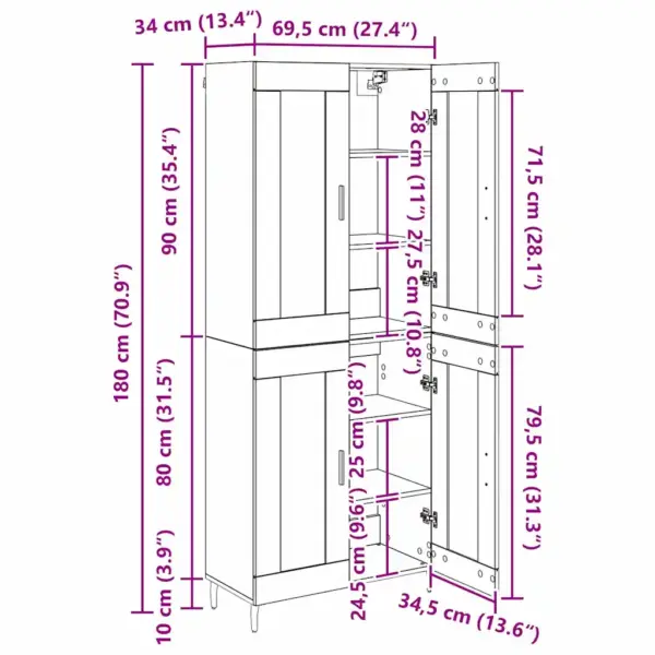Kõrge vitriinkapp 4 uksega, vana puidu toon, tehispuit ja klaas, 69,5 x 34 x 180 cm – 13