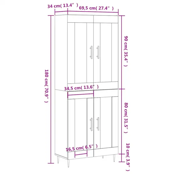 Kõrge vitriinkapp klaasustega, hall Sonoma tamm, 2-osaline, tehispuit, 69,5 x 34 x 180 cm - 13