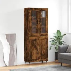 Kõrge vitriinkapp suitsutatud tamme toonis, klaasuste ja metalljalgadega, 69,5 x 34 x 180 cm, tehispuit