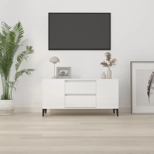 Kõrgläikega valge telerikapp avatud riiulitega, tehispuit ja metall, 102 x 44,5 x 50 cm – 3